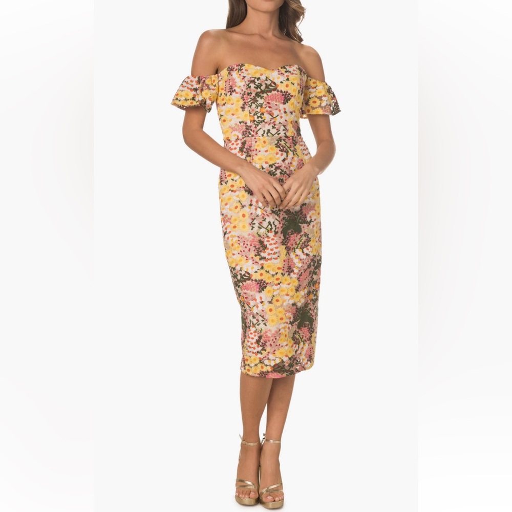 Dress the Population Tara Off the Shoulder Midi Dress Blush Multi XS